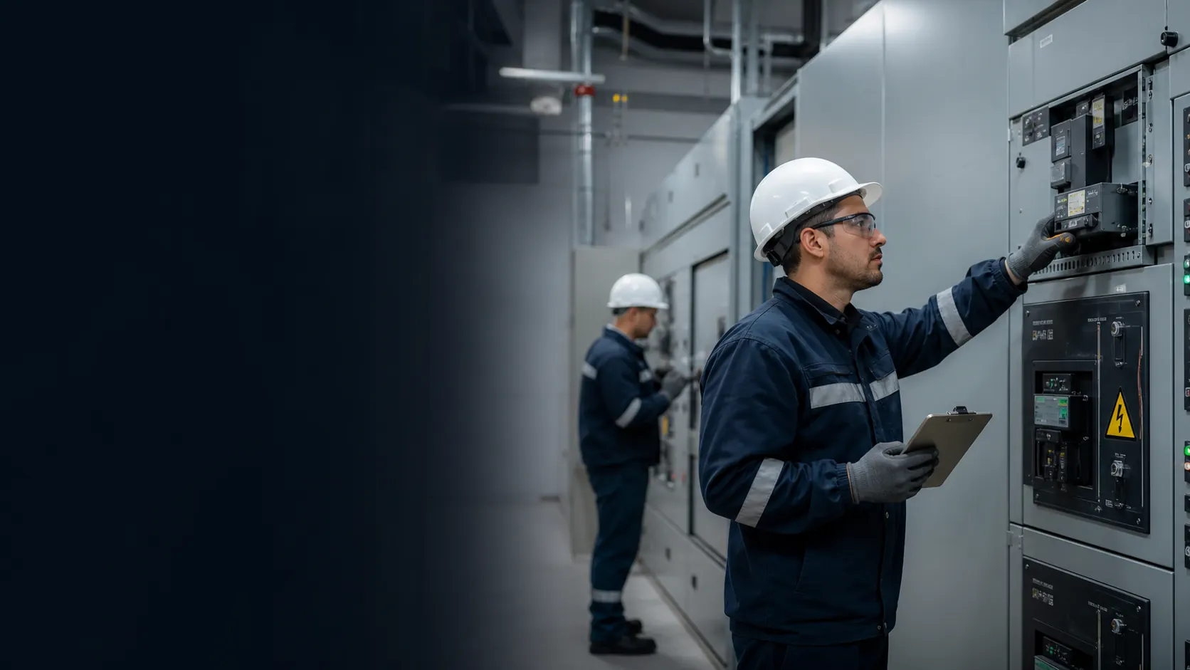 Ingeniero inspeccionando un tablero eléctrico industrial